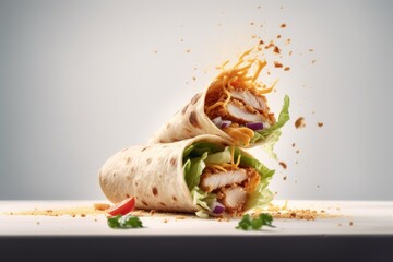 Generative AI chicken wrap flying through the air with cheese Food Photography