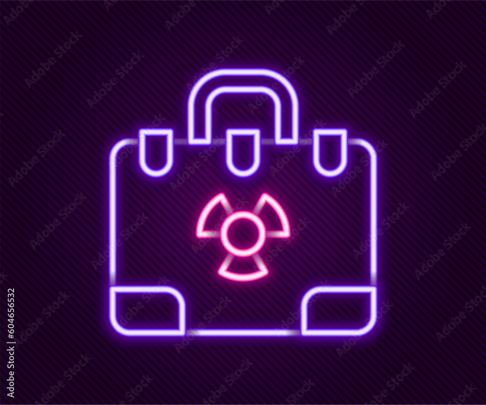 Poster glowing neon line radiation nuclear suitcase icon isolated on black background. colorful outline con