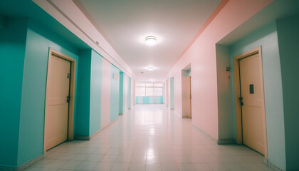 Obraz premium Abstract futuristic entrance hall with bright blue lighting equipment reflection generated by AI