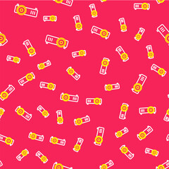 Line Presentation, movie, film, media projector icon isolated seamless pattern on red background. Vector