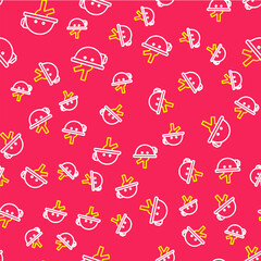 Line Miner helmet icon isolated seamless pattern on red background. Vector