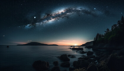 Fototapeta na wymiar The majestic Milky Way illuminates the tranquil mountain landscape generated by AI