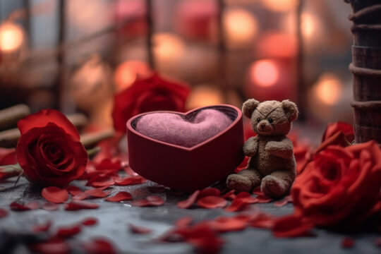Feliz dia dos namorados, presente em formato de coração, urso de pelucia e flores vermelhas. GENERATIVE AI