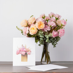 A bouquet of pink flowers is next to a card with peonies. Ai generated