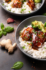 Teriyaki Pork Belly with broccoli, spring onion and rice