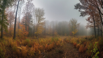The foggy forest in autumn, a mysterious and tranquil scene generated by AI