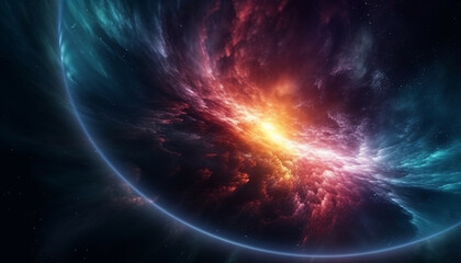 Deep space exploration reveals glowing nebula in purple atmosphere generated by AI