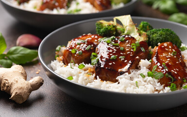 Teriyaki Pork Belly with broccoli, spring onion and rice