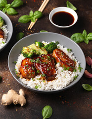 Teriyaki Pork Belly with broccoli, spring onion and rice
