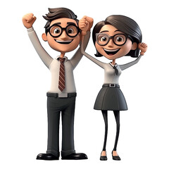 3D cartoon character, cute couple, businessman and businesswoman expressing happiness with arms raised, success together, idea concept, isolated on white background. Vector graphic