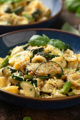 Lemon infused Orecchiette pasta with courgette or zucchini and asparagus