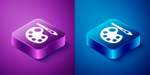 Isometric Paint brush with palette icon isolated on blue and purple background. Square button. Vector