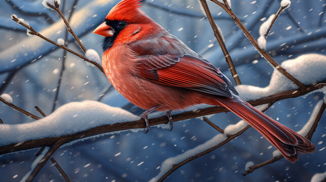 A cardinal sits on a branch in a snowy scene.