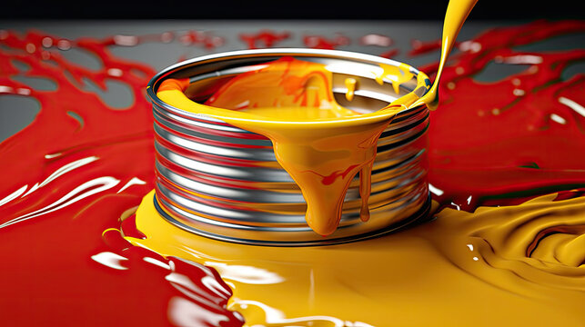 Spilled red and yellow paint next to the can. Generative AI.