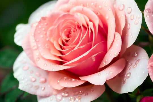 Macro photo of bright pink blooming rose with water drops. Wildlife concept of ecological environment. Generative AI