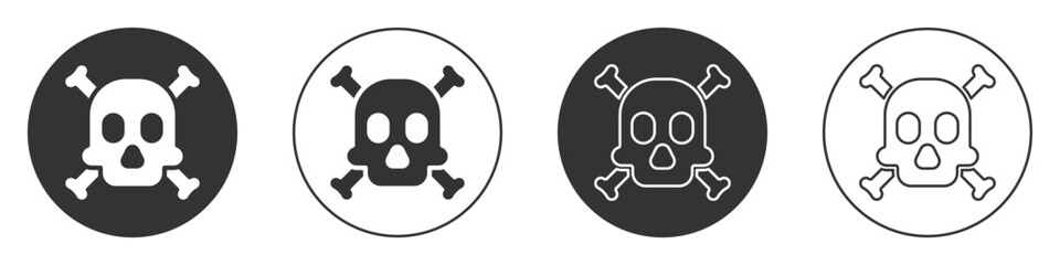 Black Bones and skull as a sign of toxicity warning icon isolated on white background. Circle button. Vector