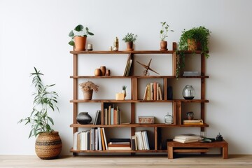 Sustainable wooden bookshelf displaying minimal decor items against a white wall