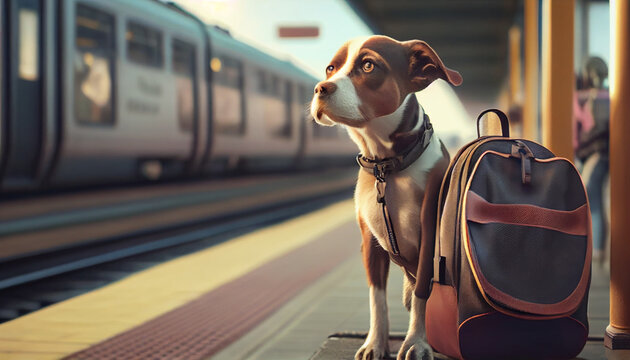 Cute Dog with travelling backpack at train station Ai generated image