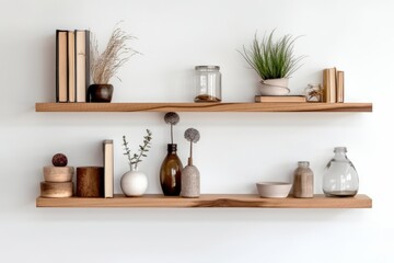 Fototapeta na wymiar Sustainable wooden bookshelf displaying minimal decor items against a white wall