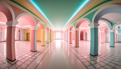 The modern corridor architectural columns create a futuristic vanishing point generated by AI