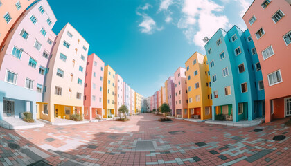 The vibrant colors of the multi colored architecture illuminate the cityscape generated by AI
