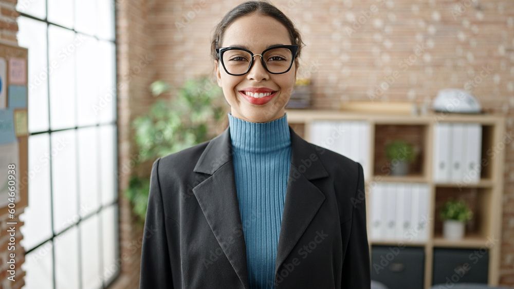 Sticker Young beautiful hispanic woman business worker smiling confident at office