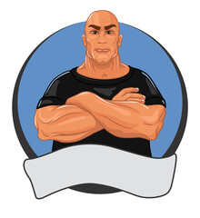 Round Template of Logo or Label Design with Brutal Muscular Man with Arms Crossed. Company Mascot. Vector Illustration. Cartoon Style