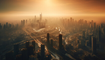 Fototapeta na wymiar Modern skyscrapers illuminate the crowded city skyline at twilight generated by AI