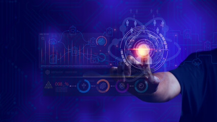 Man touching icon customer relationship management with world-class customer network technology development of information exchange, customer service, social media online digital marketing .copy space
