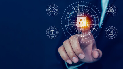 Humans are using AI technology to help their work. AI Learning and Artificial Intelligence Business, Modern Technology, Internet, and Networks. AI Technology in daily life.with copy space.