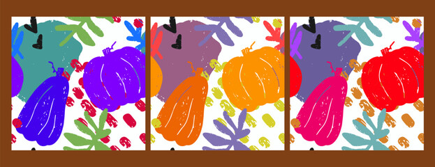 Textured, bright, grunge ripe pumpkins. Summer pattern. Set of vector seamless patterns. For design, print, fabric, wallpaper, paper.