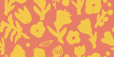 Textured, simple flowers. Vector seamless pattern in scandinavian style. For printing, design, wallpaper, fabric, paper.