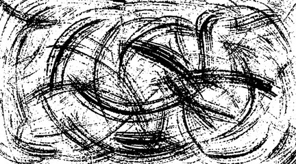 Black grunge texture. Vector background. Brush strokes, lines, dots, veins, ink, circular, monochrome.