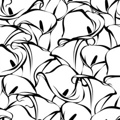 Floral pattern with calla lily flowers contours. Black and white seamless background. Vector modern print - obrazy, fototapety, plakaty