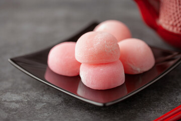 Japanese rice sweet dessert mochi in plate.