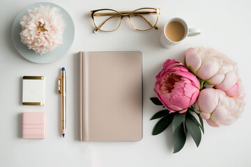 Workspace top view with pink blush blossom peonies, diary notebook and glasses on white background. Bloom garden floral for template. Generative AI - 604663179
