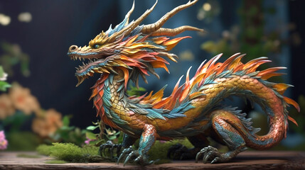 A beautiful metal figurine of a Chinese dragon, the symbol of the year 2024 according to the Eastern horoscope. Calendar and articles on the forecast for the new year. Copy space. - obrazy, fototapety, plakaty