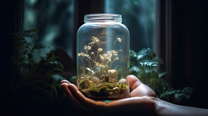 Close-up shot of a hand touching a glass jar containing a miniature forest. Generative ai