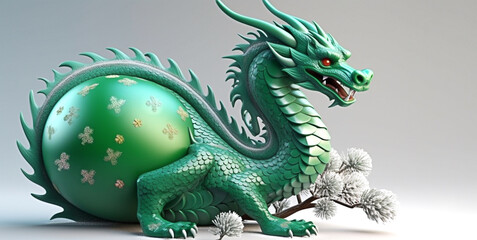 Obraz premium A beautiful green dragon with a New Year's ball instead of a part of the trunk on a light background, a symbol of the Chinese new year 2024, good luck, prosperity, wealth. Wide banner, copy space.