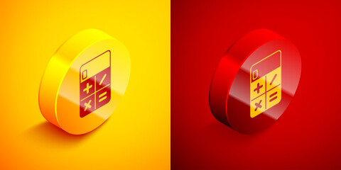 Isometric Calculator icon isolated on orange and red background. Accounting symbol. Business calculations mathematics education and finance. Circle button. Vector