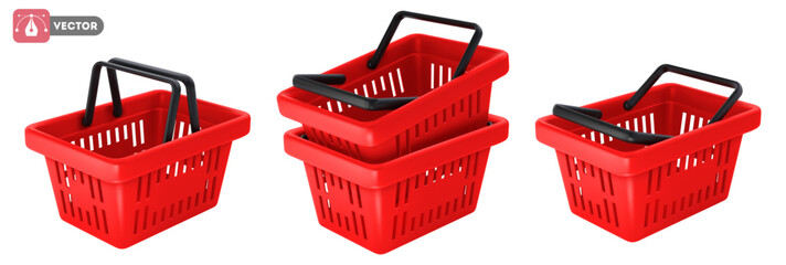 Empty red shopping basket set. Realistic 3d shopping cart with handles, isolated on white background. Vector illustration