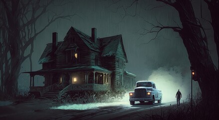 Fototapeta na wymiar night scene of truck driver and abandoned haunted old house in forest, illustration painting, Generative AI 