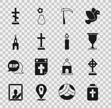 Set Funeral urn, Grave with cross, Christian chalice, Scythe, Church building, and Burning candle icon. Vector
