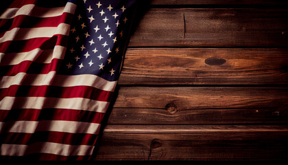 Fototapeta premium top view of american flag on wood with copy space Ai generated image