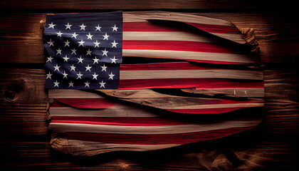 Fototapeta premium top view of american flag on wood with copy space Ai generated image