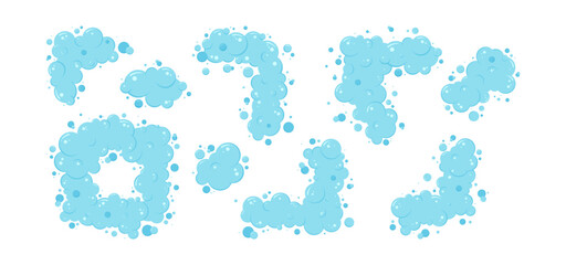 Cartoon soap bubble border, foam frame, blue shower suds, laundry background, wash shampoo, shower bath, water soda, air icon set isolated on white background. Fun abstract vector illustration