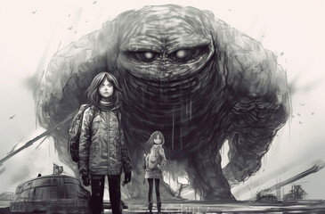 An illustration of a two girls standing in front of a giant monster, in the style of dark and gritty subject matter. Generative AI.