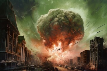 A giant explosion blowing up street with big buildings nearby, in the style of nuclear art, dark green and amber. Generative AI.