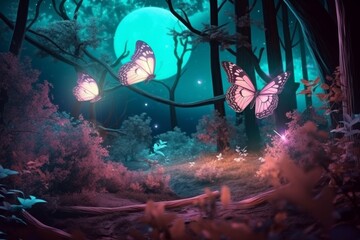 Obraz premium A fairy forest under full moon with 3d butterflies flying around it, in the style of luminous color palette. Generative AI.