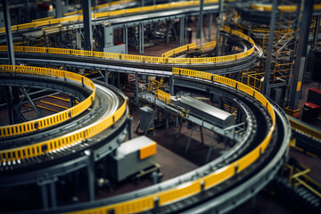 Overhead view of an empty warehouse factory conveyor belt production line. Generative ai